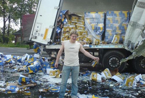 Budweiser truck drives into a lake