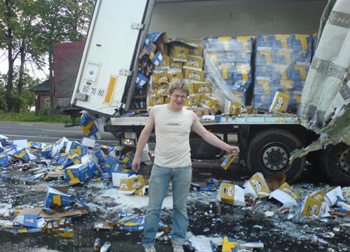 Budweiser truck drives into a lake